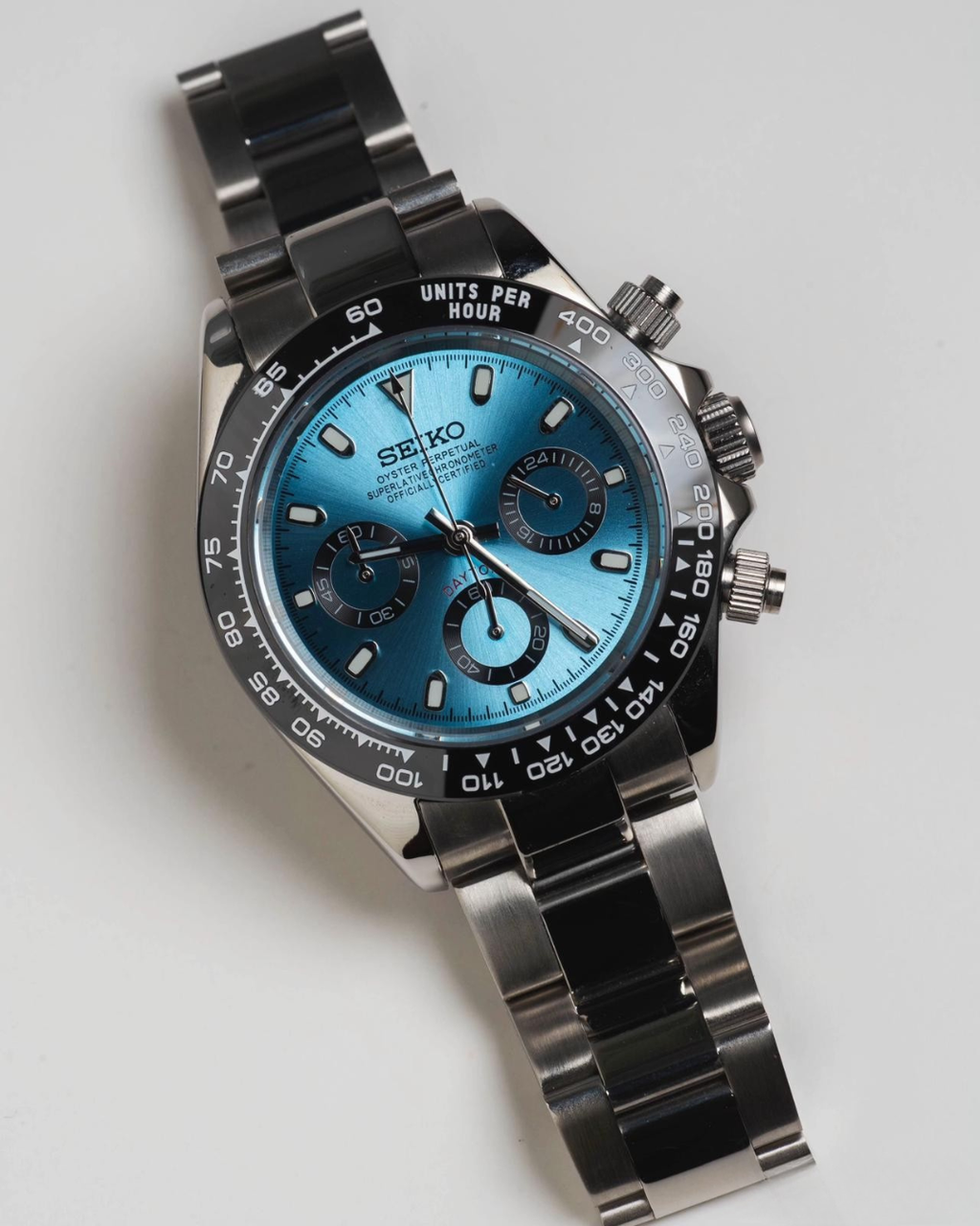 Seiko Mod Daytona Baby Blue/Platinum Chronograph